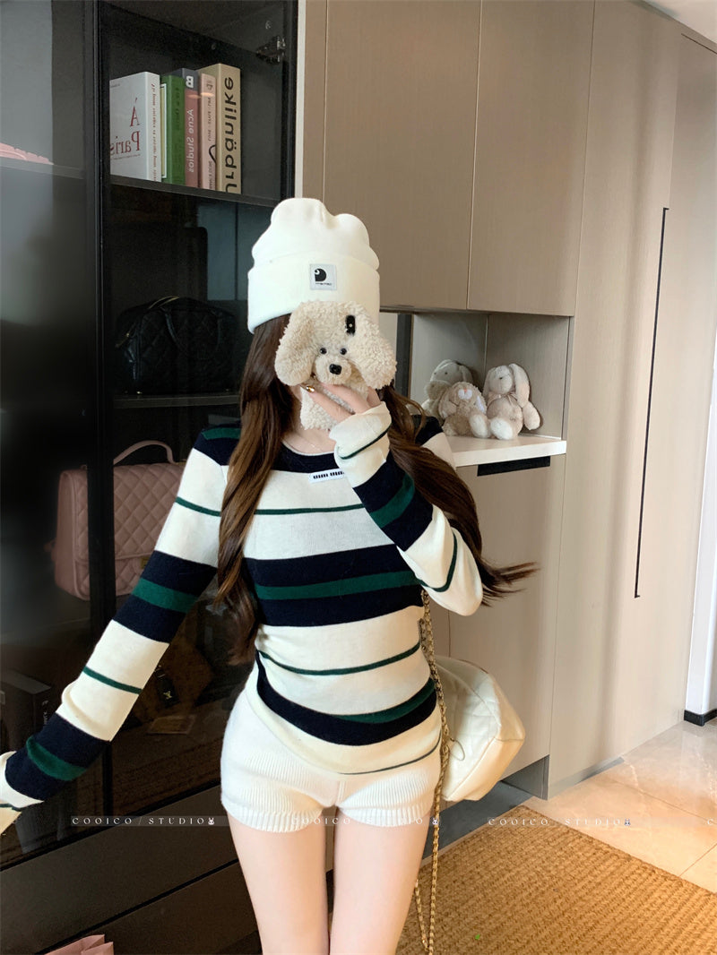 💕簡約休閒不規則條紋針織打底上衣