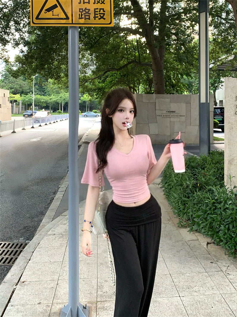 💕慵懶風V領收腰顯瘦蝙蝠袖上衣&直筒褲套裝