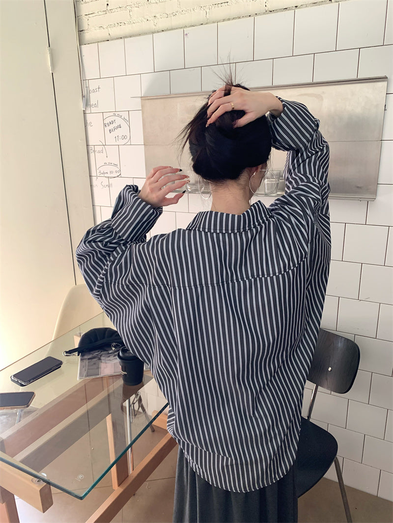 💕休閒條紋口袋襯衫撞色上衣套裝
