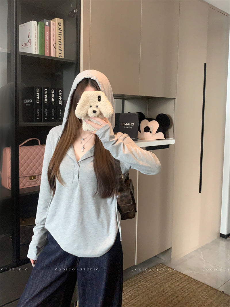 💕早秋鬆弛感鈕扣連帽長袖上衣