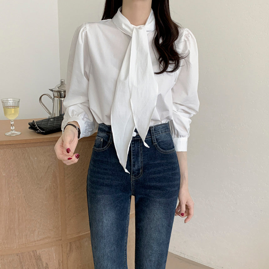 💕韓系chic法式飄帶領結襯衫