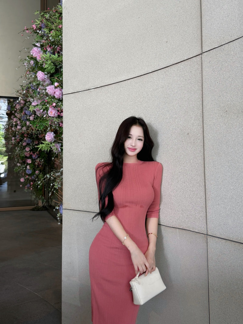 💕溫柔優雅氣質中袖修身包臀中長針織裙