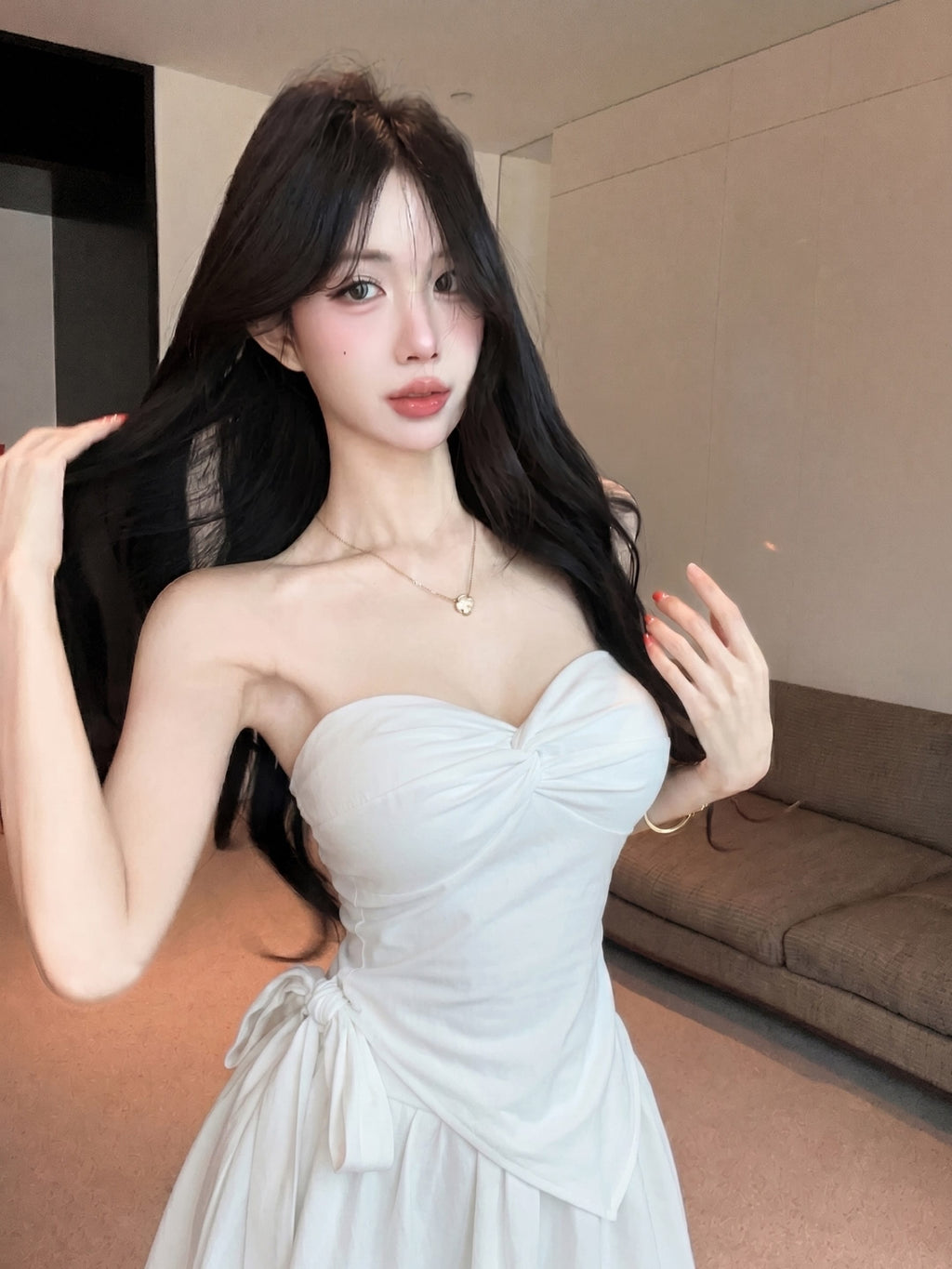 💕氣質帶胸墊不規則下擺系帶扭結兩件套