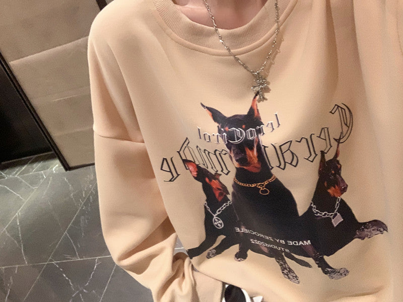 💕美式帥氣杜賓犬印花寬鬆中長衛衣