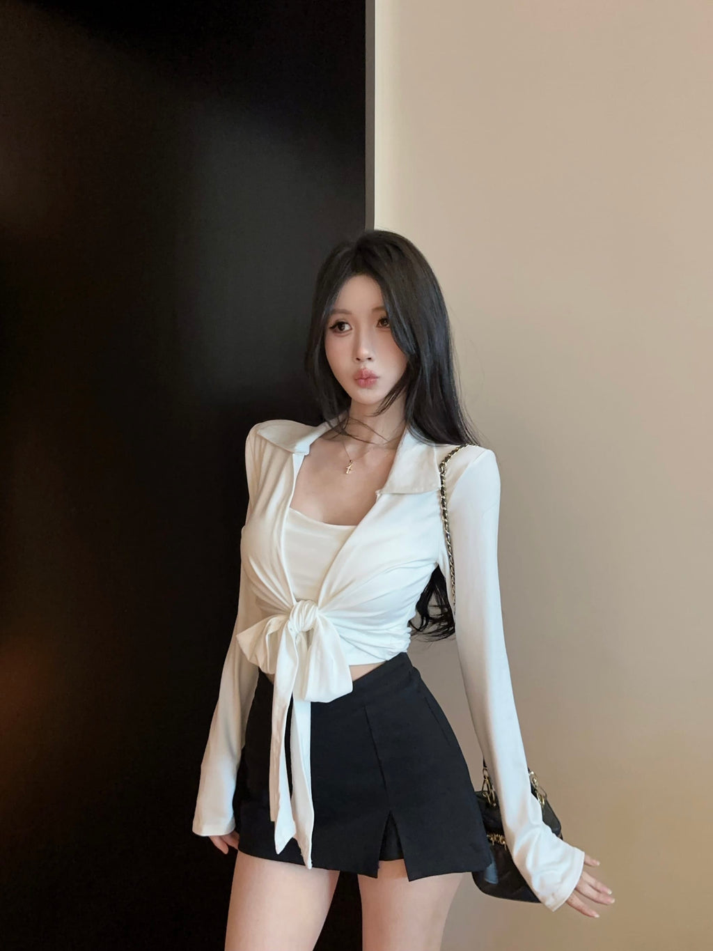💕綁帶胸墊長袖翻領開衫吊帶兩件套