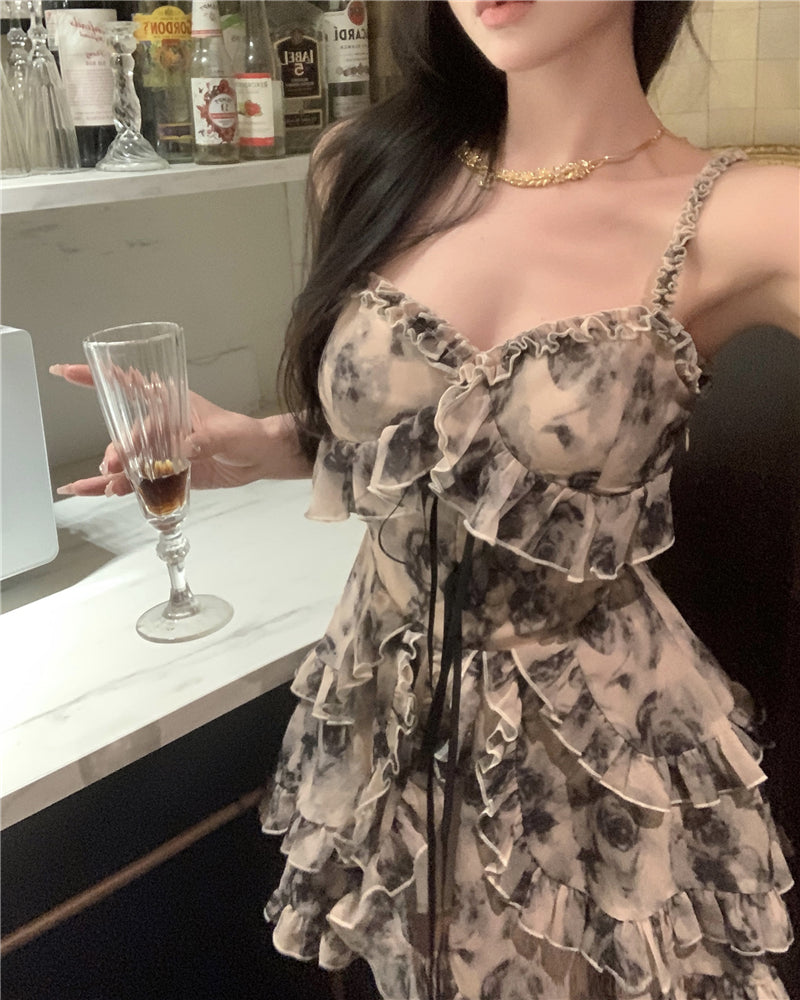 💕溫柔系水墨碎花小眾雪紡吊帶連衣裙
