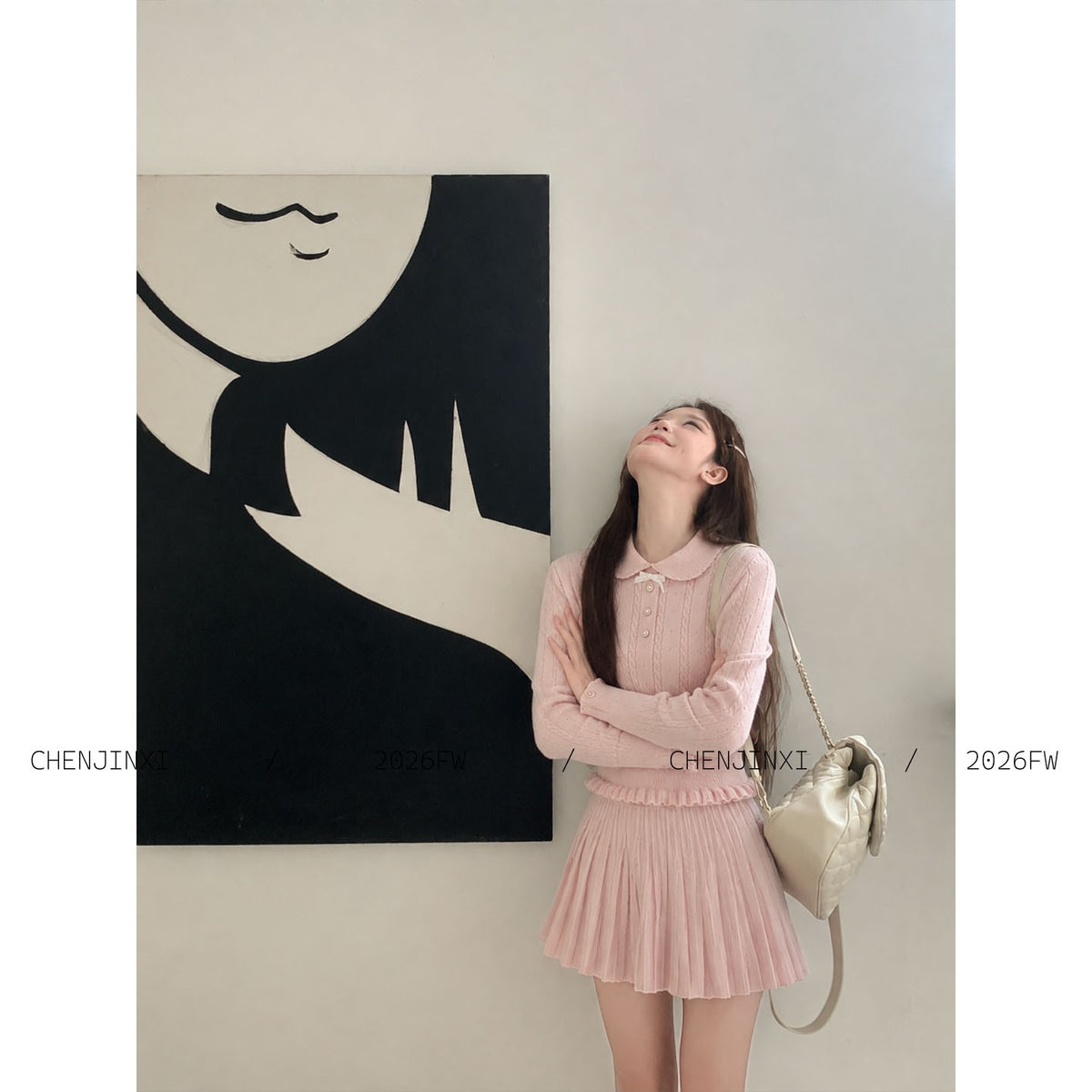 💕chic千金感粉色長袖針織毛衣短裙套裝