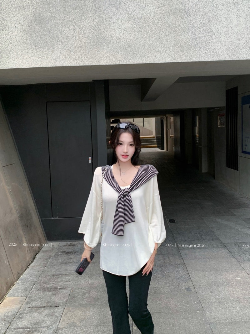 💕百搭條紋披肩深U領中袖T袖+七分微喇叭瑜珈褲