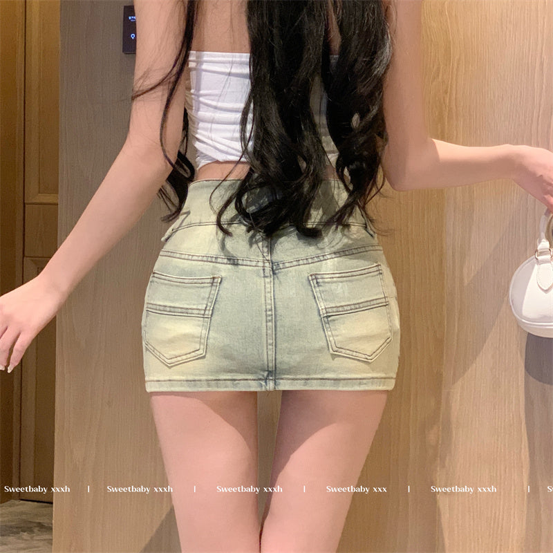 💕不規則緊身彈力刷舊牛仔短裙