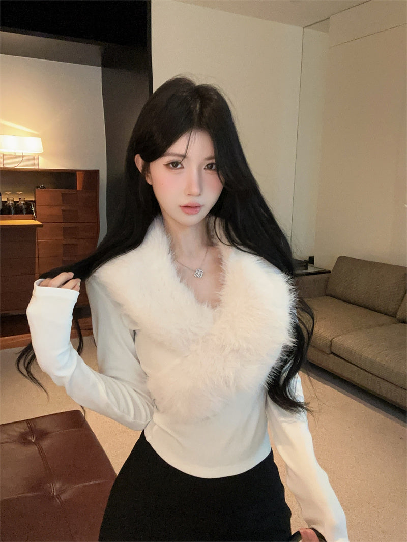 💕純欲辣妹毛領拼接V領長袖修身上衣