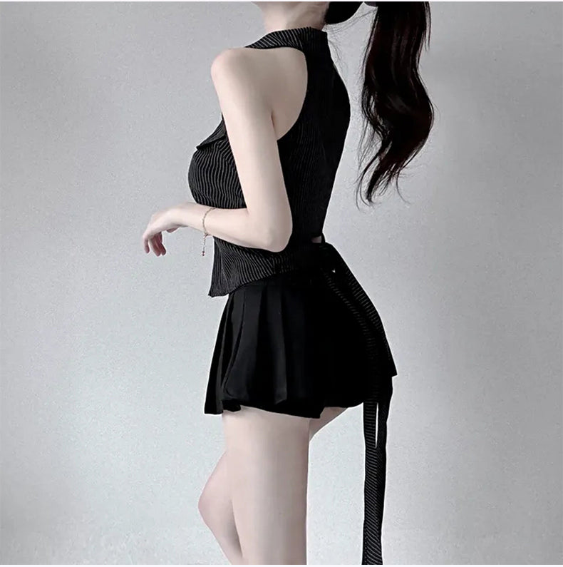 💕韓系鈕扣豎條紋翻領修身顯瘦無袖襯衫