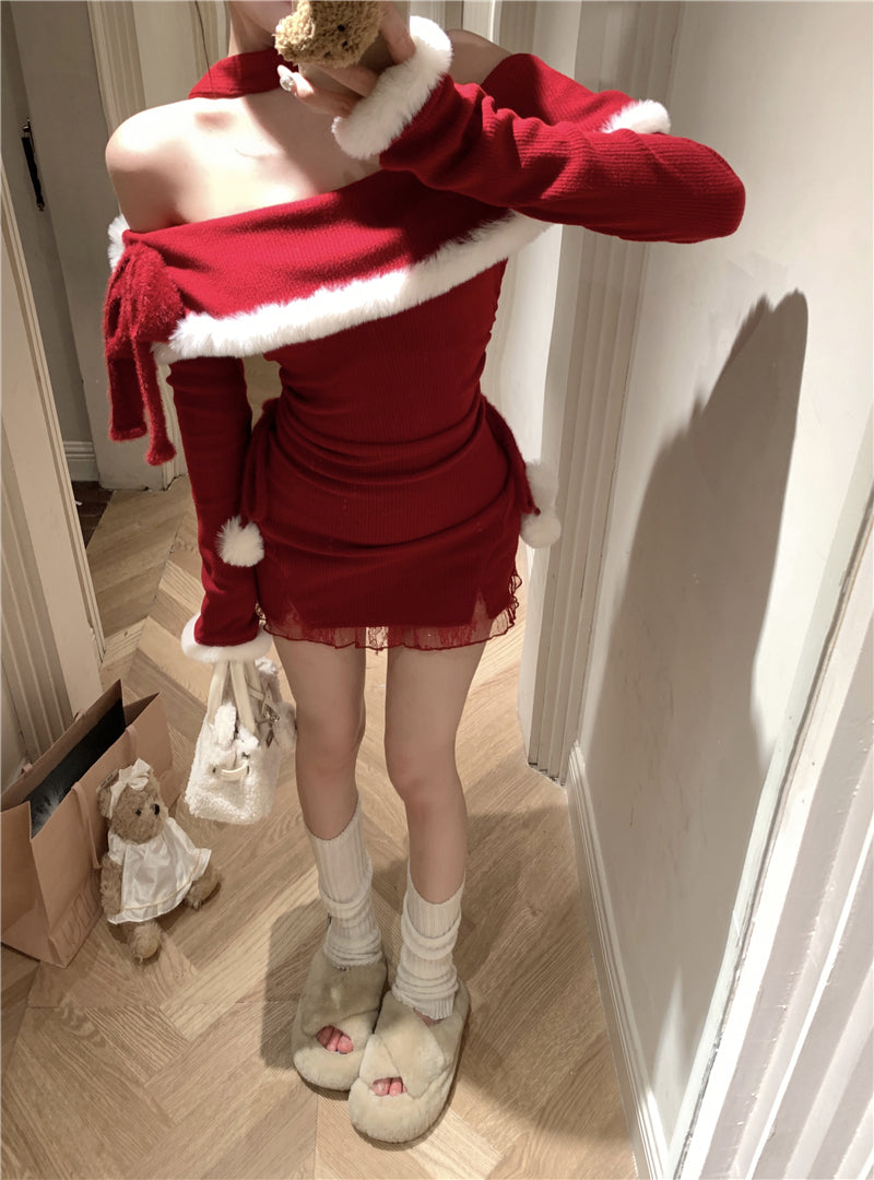💕法式秋冬聖誕氣息掛脖毛邊包臀短裙