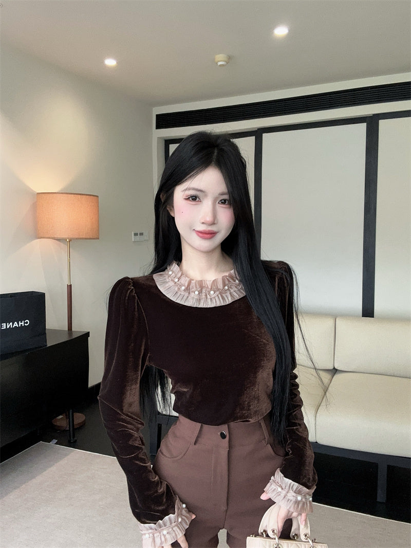 💕chic韓系小個子泡泡袖絲絨上衣