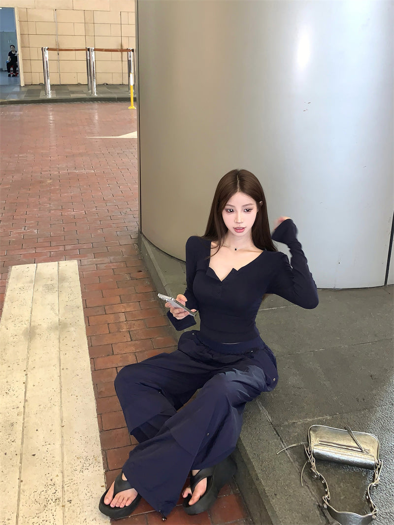 💕秋冬辣妹半高U領修身褶皺短磨毛內搭打底上衣