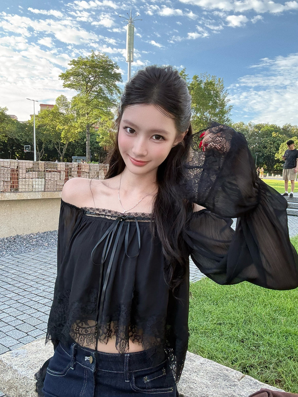 💕溫柔蕾絲邊雪紡長袖短款上衣