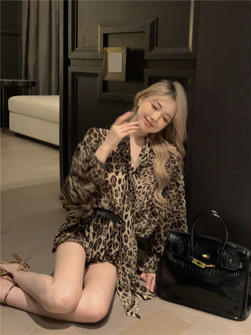 💕chic鬆弛感豹紋系帶寬鬆垂感長袖襯衫