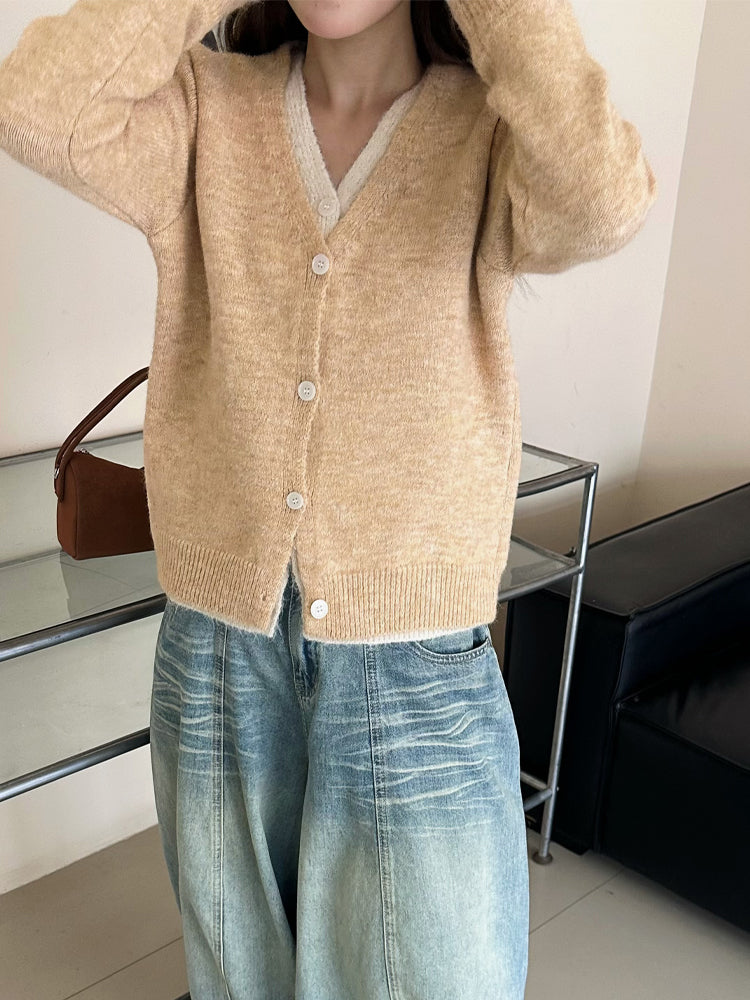 💕韓系簡約日常撞色假兩件針織開衫
