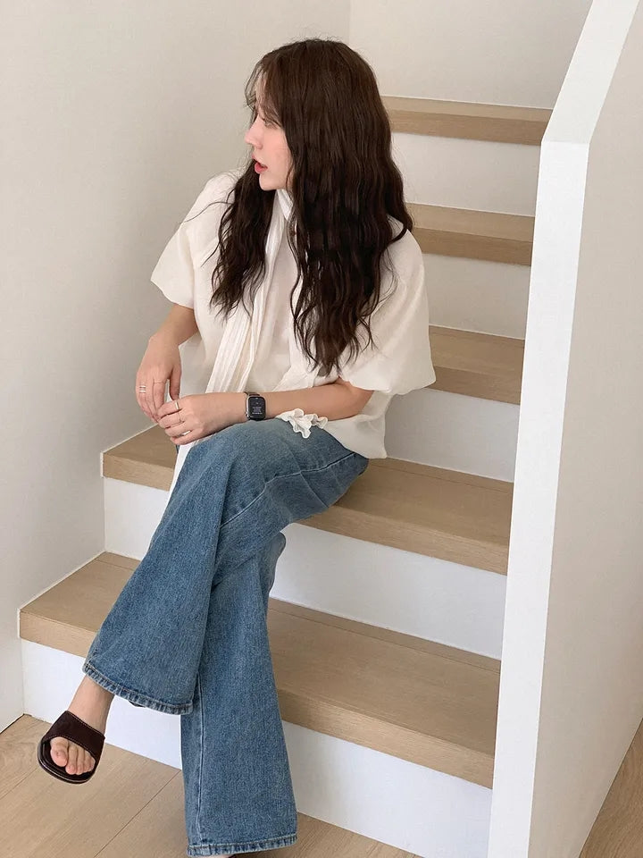 💕溫柔氣質簡約泡泡袖寬鬆顯瘦花苞衫上衣