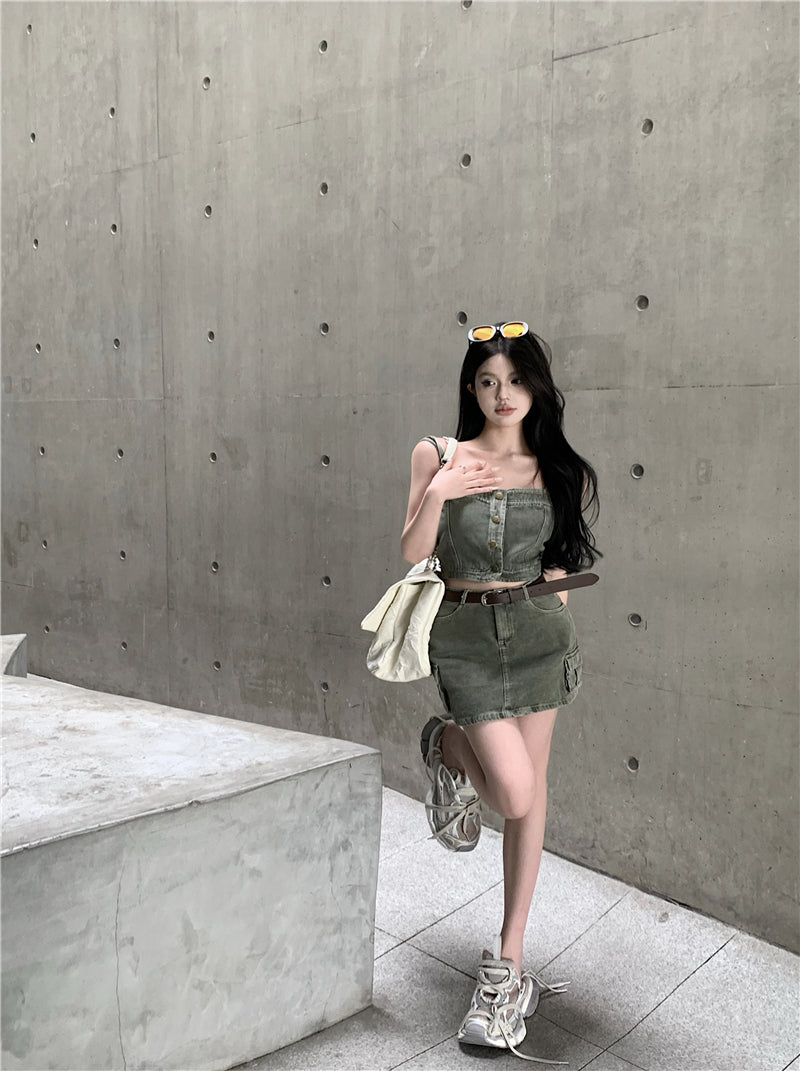 💕辣妹復古吊帶背心上衣配高腰半身裙牛仔套裝