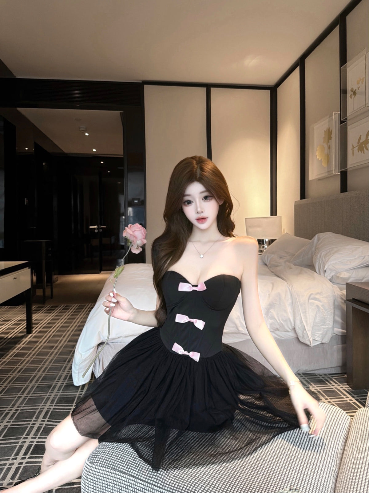 💕法式純欲粉色蝴蝶結抹胸小禮服