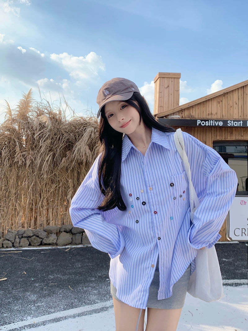 💕青春寬鬆百搭別緻彩色鈕扣條紋襯衫