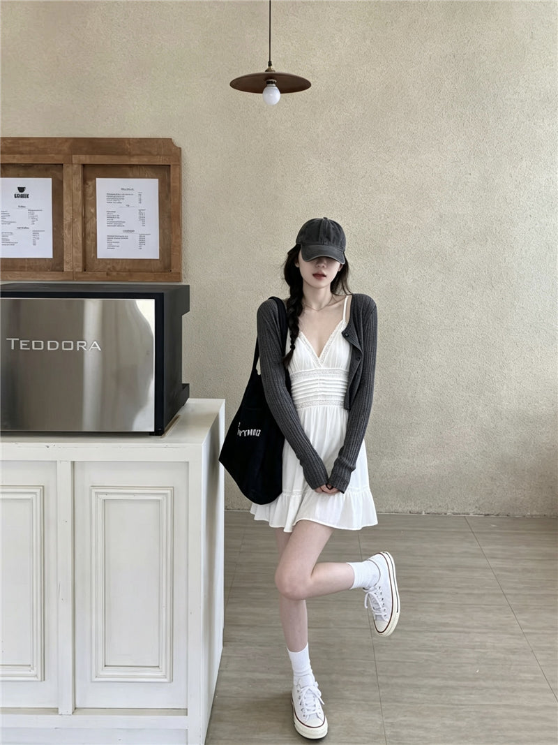 💕韓系坑條肌理感針織外套+蕾絲吊帶裙兩件套