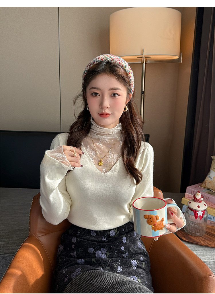 💕白色V領假兩件蕾絲打底衫上衣