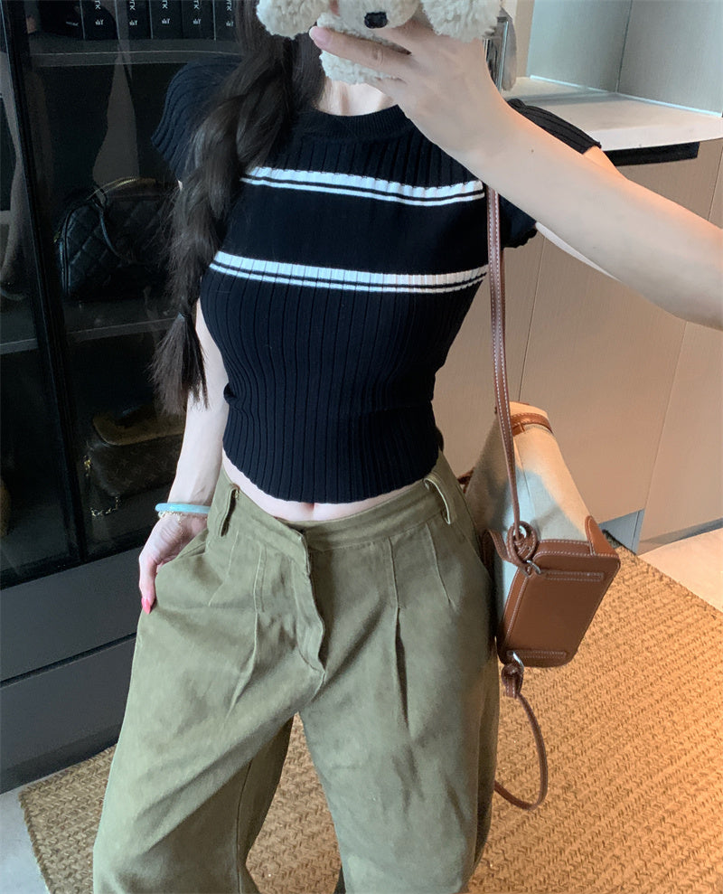 💕撞色條紋短袖針織圓領上衣