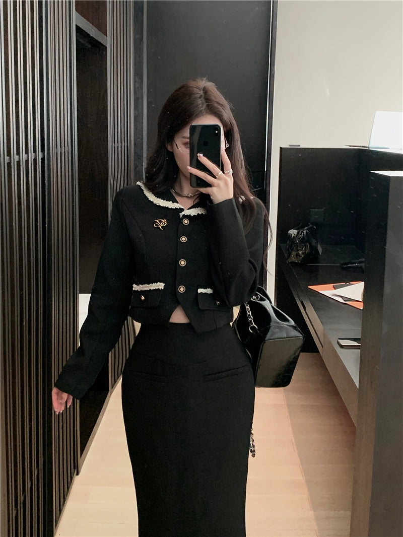 💕韓系氣質海軍領收腰上衣高腰半身裙兩件套