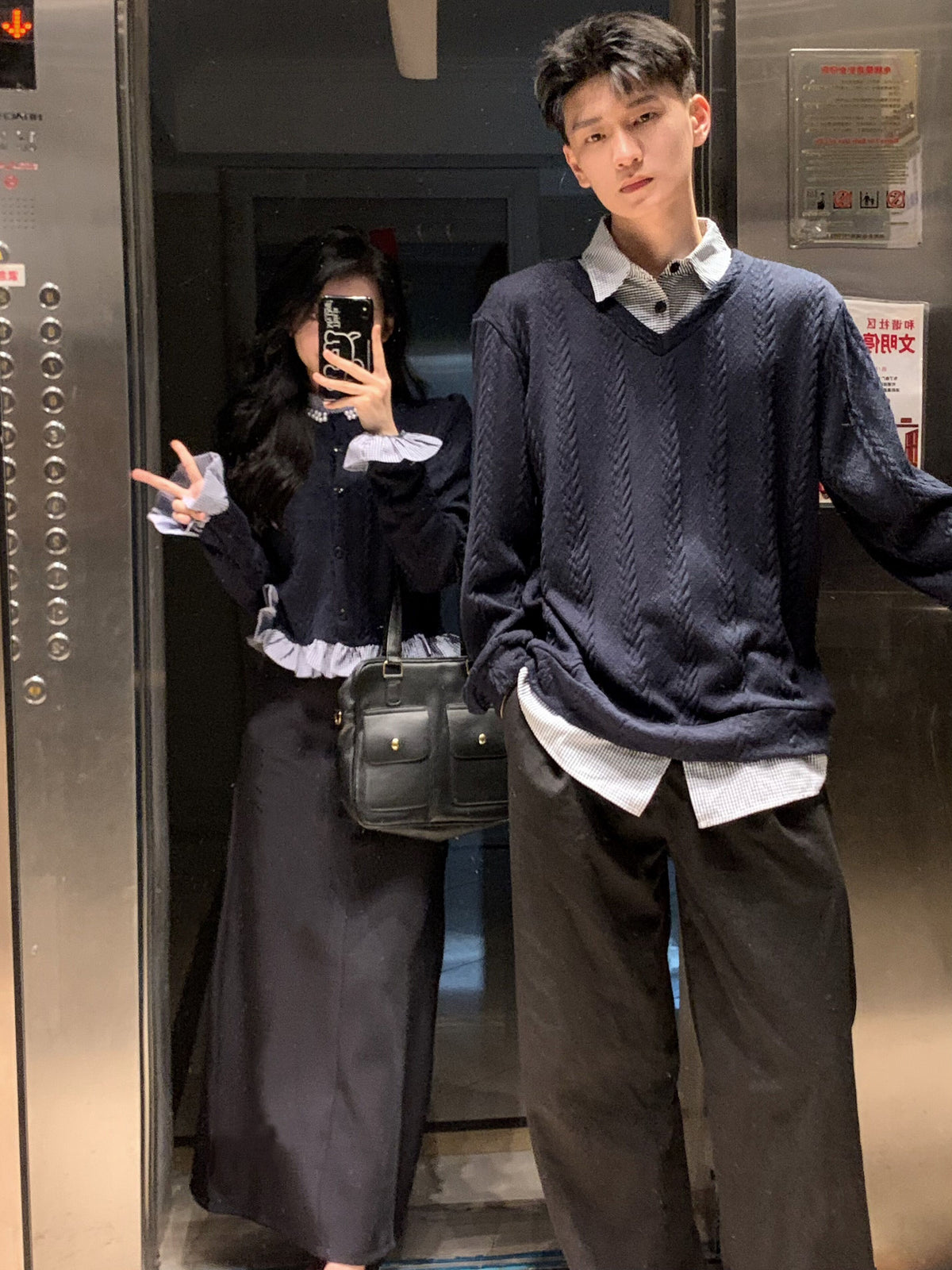 💕秋冬法式梨形長袖拼接假兩件情侶套裝