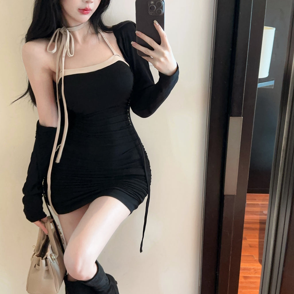💕拚色系繩多種穿法包臀連身短裙+長袖短款罩衫兩件套