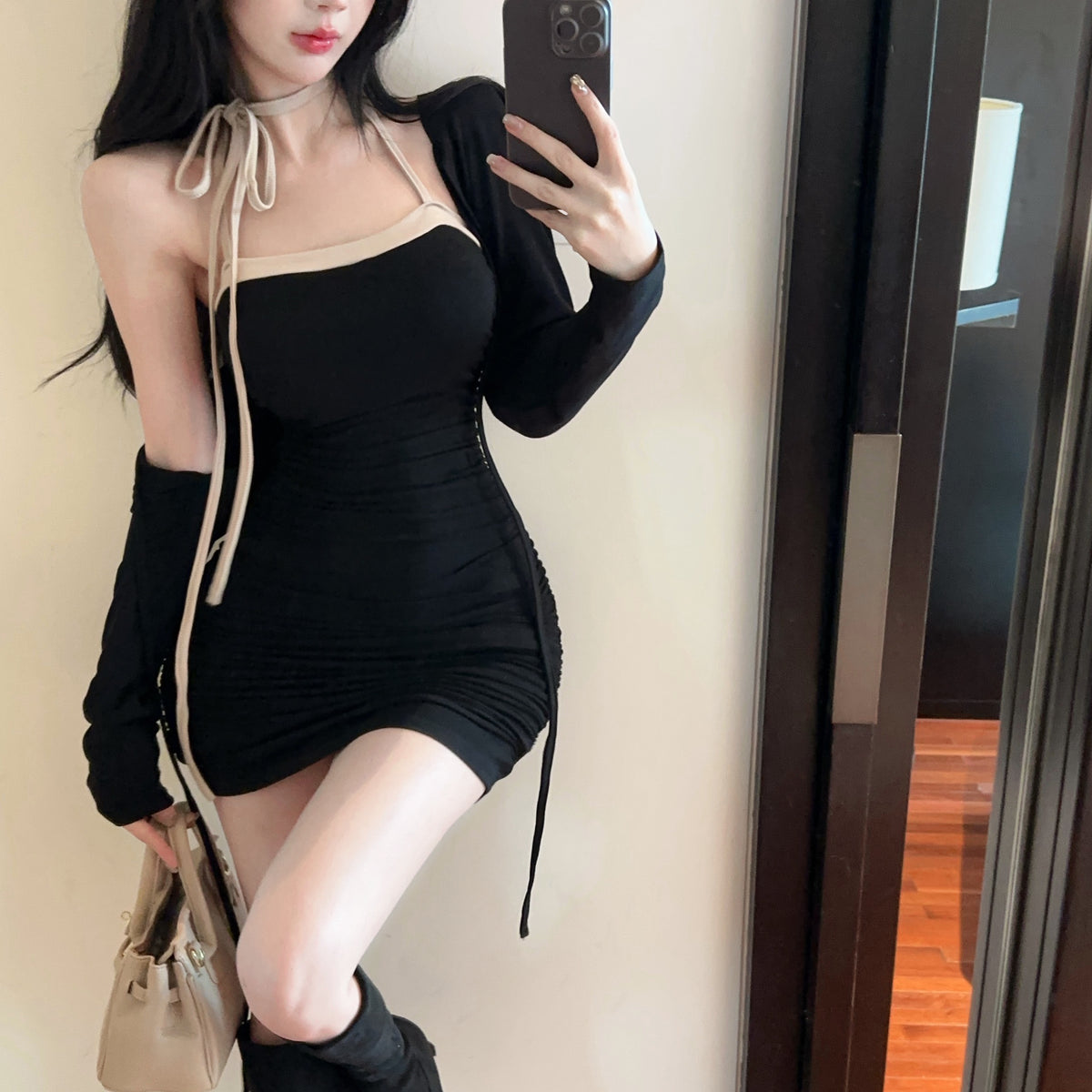 💕拚色系繩多種穿法包臀連身短裙+長袖短款罩衫兩件套