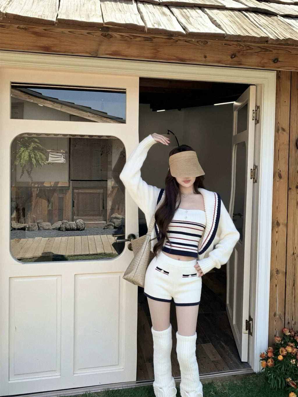 💕休閒慵懶條紋大翻領針織背心三件套