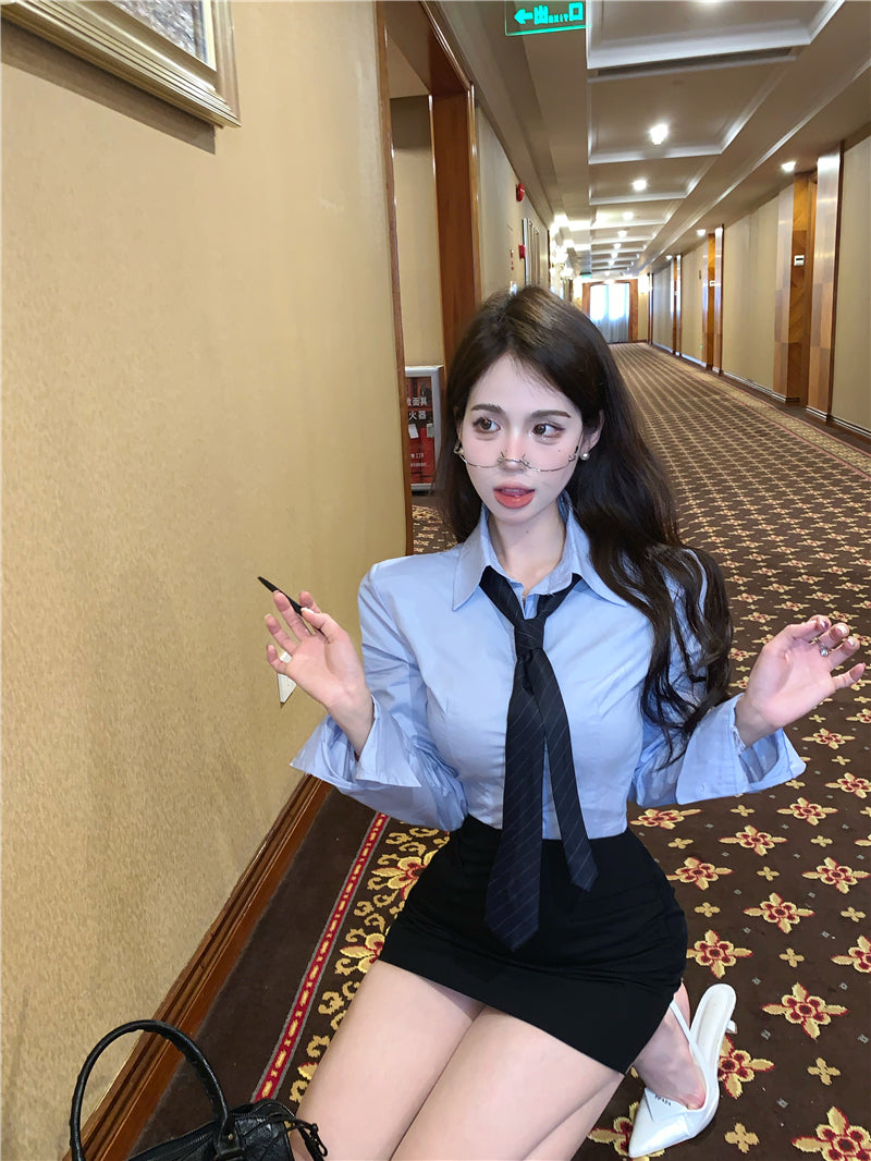 💕韓版秘書款收腰帶領襯衫兩件套