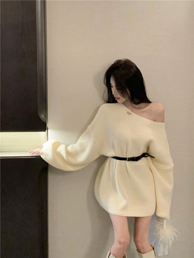 💕氣質甜美露肩針織寬鬆配腰帶連衣裙