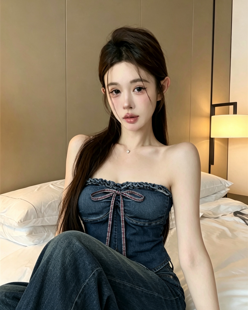 💕不規則蝴蝶結牛仔一字肩抹胸上衣