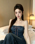 💕不規則蝴蝶結牛仔一字肩抹胸上衣