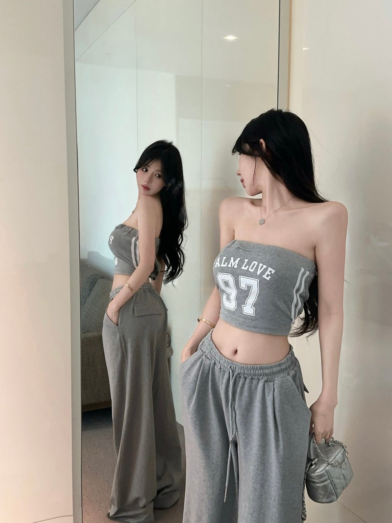 💕陽光運動系字母彈力抹胸&寬鬆長褲兩件套