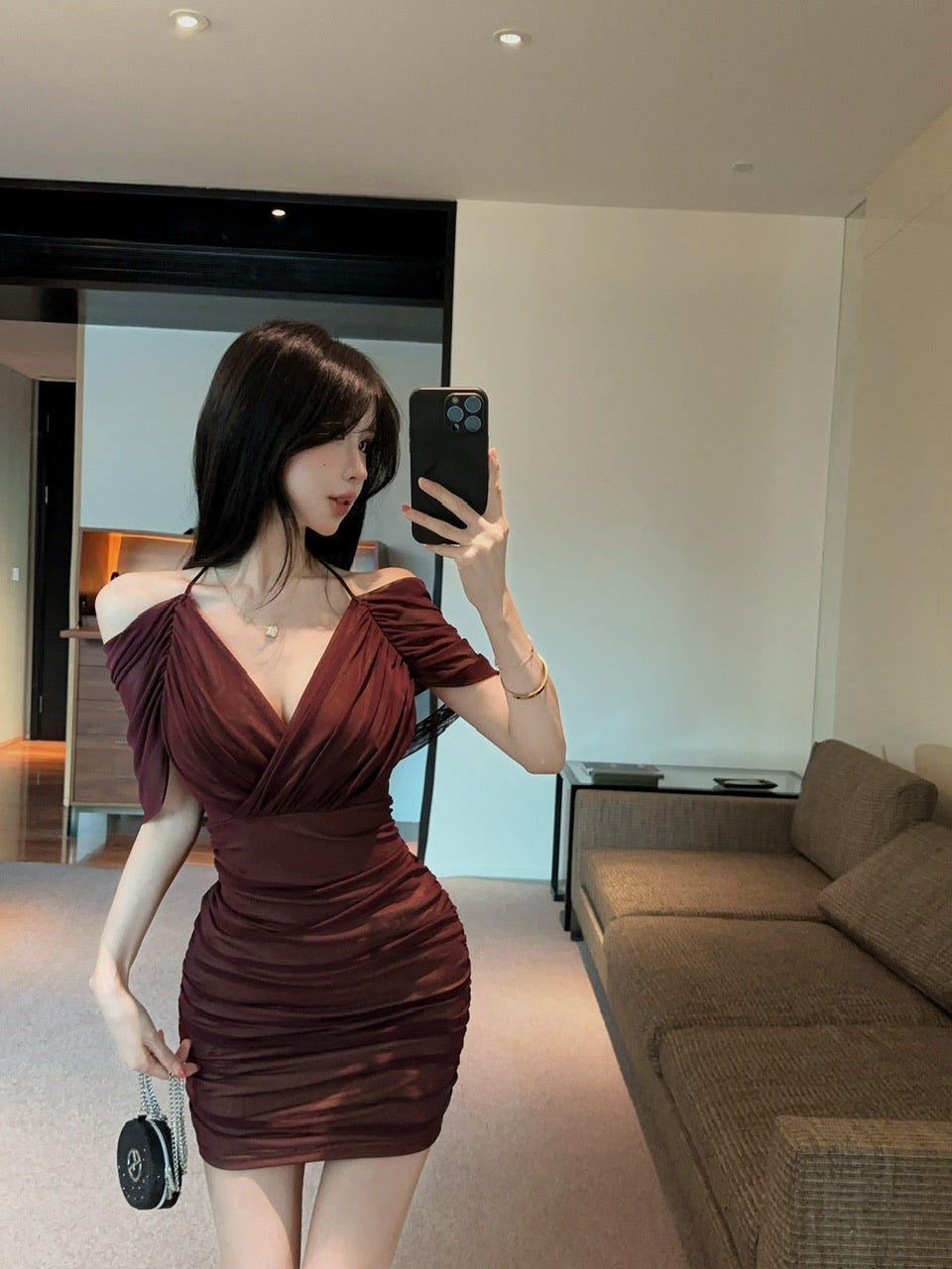💕約會性感網紗綁帶包臀假兩件連身裙