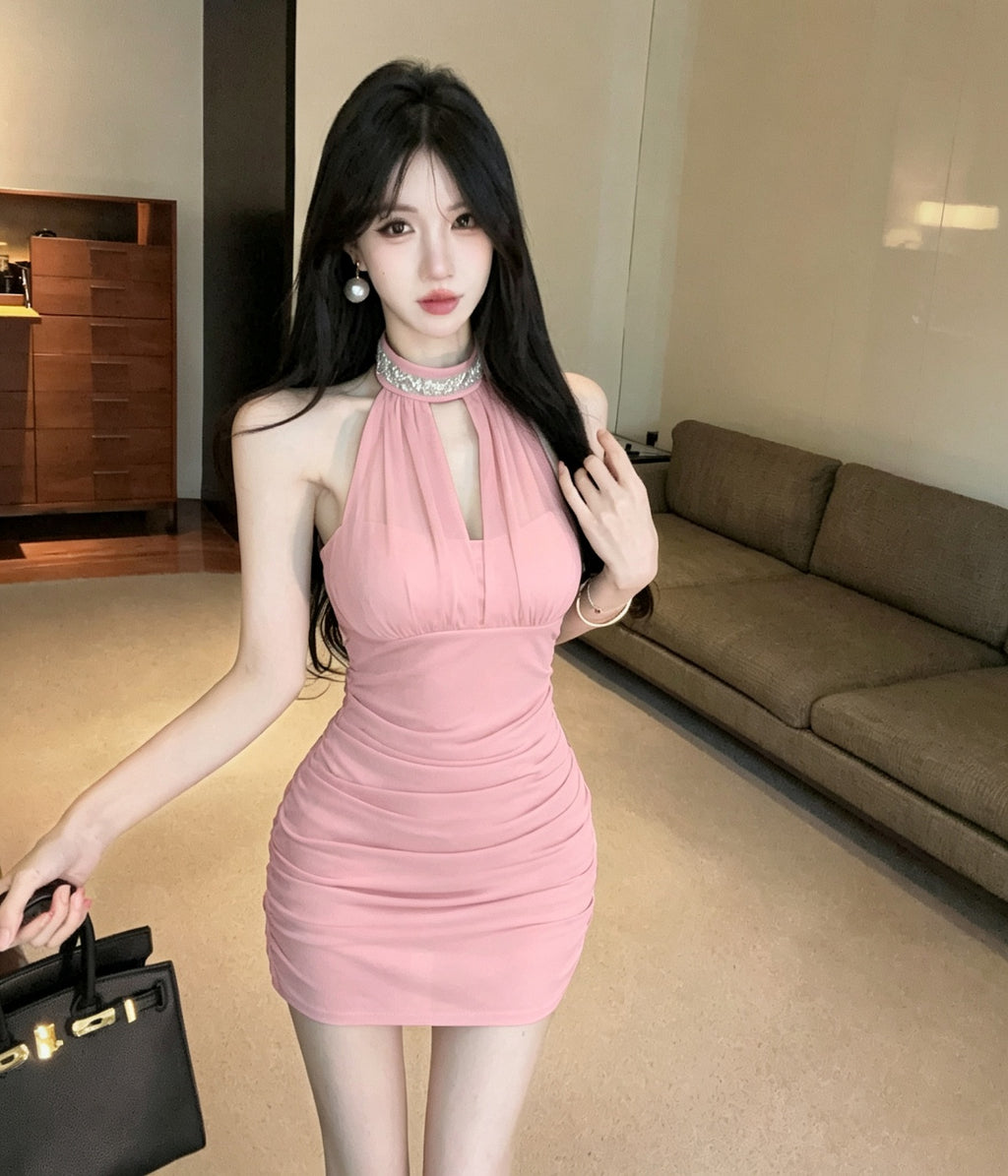 💕純御皺褶釘珠掛脖無袖包臀連身裙