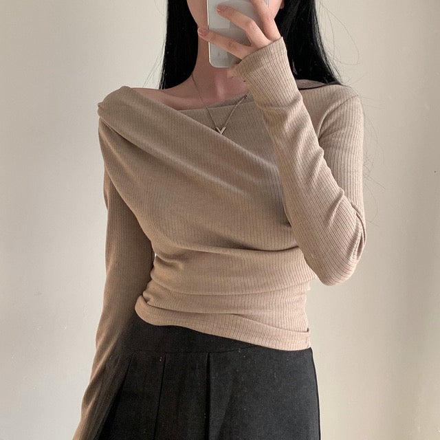 💕溫柔春秋純欲露肩+飄帶顯瘦法式上衣