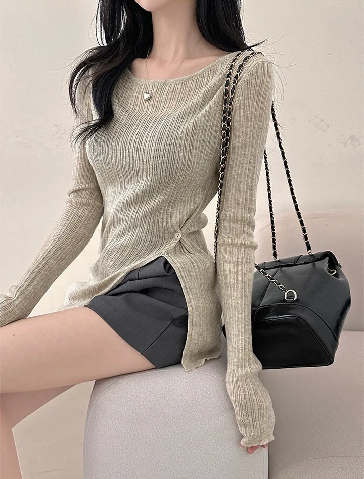 💕韓系春秋顯瘦設計感收腰開衩長袖上衣