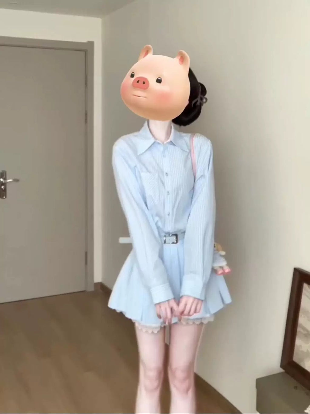 💕春夏小個子收腰有腰帶條紋襯衫連身裙