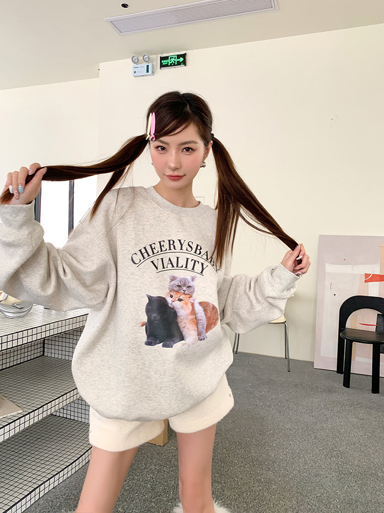 💕秋冬可愛貓咪疊疊樂印花圓領長袖上衣