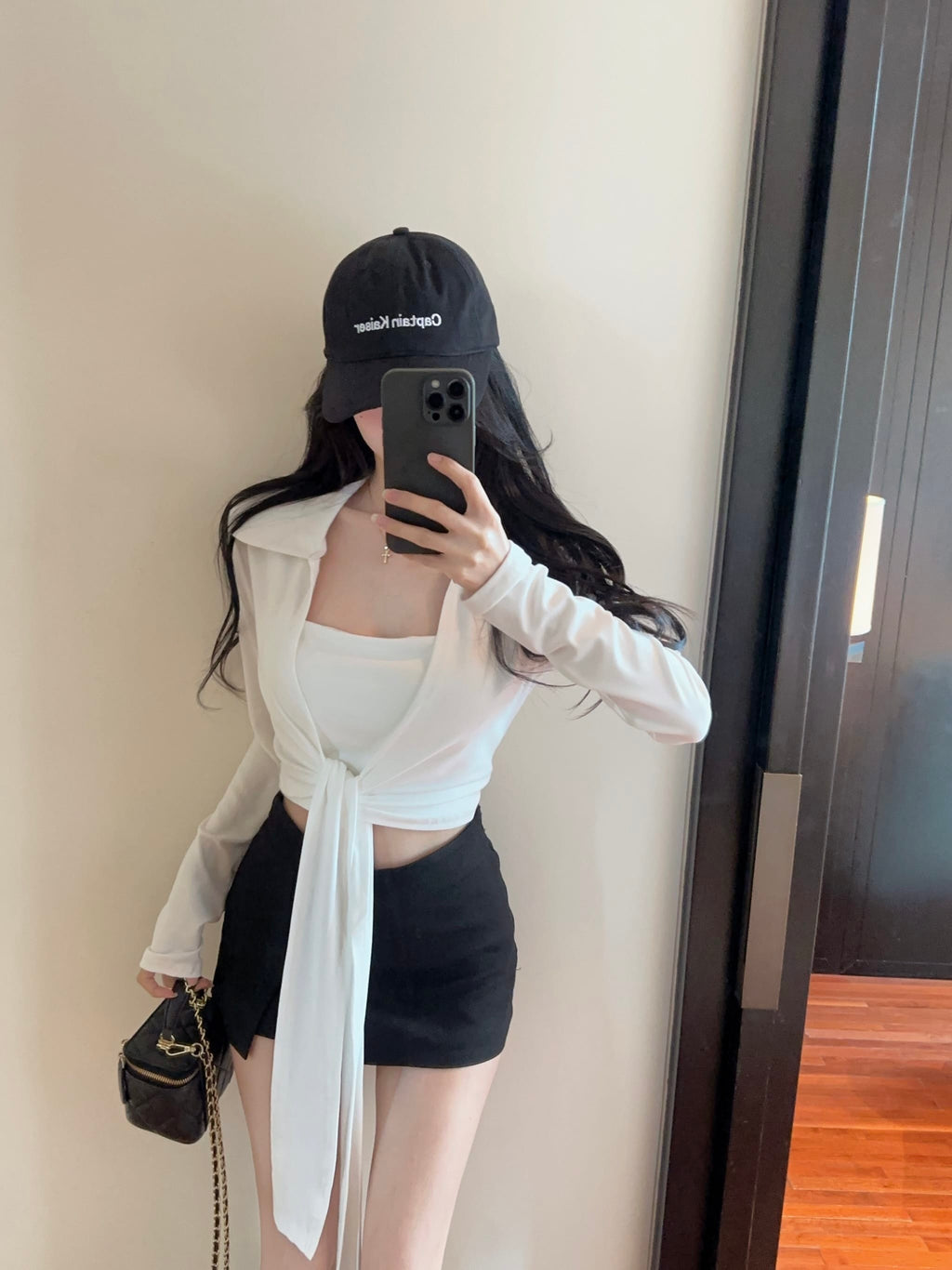 💕綁帶胸墊長袖翻領開衫吊帶兩件套