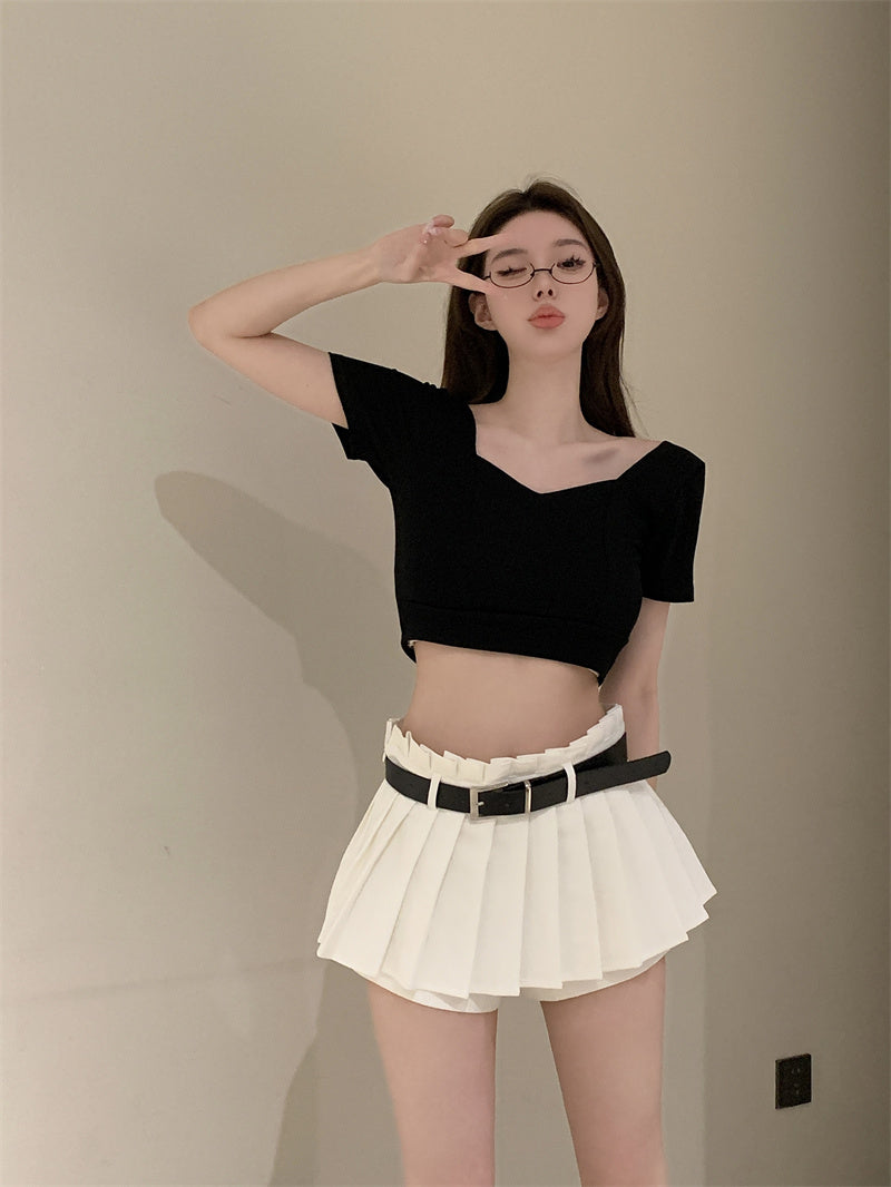 💕方領百搭露鎖骨顯瘦短版露臍上衣