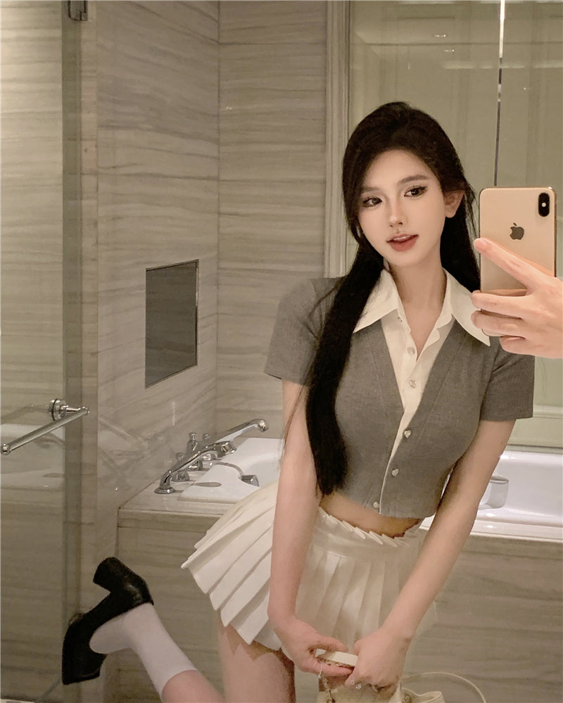 💕韓系氣質假兩件翻領修身短款針織衫