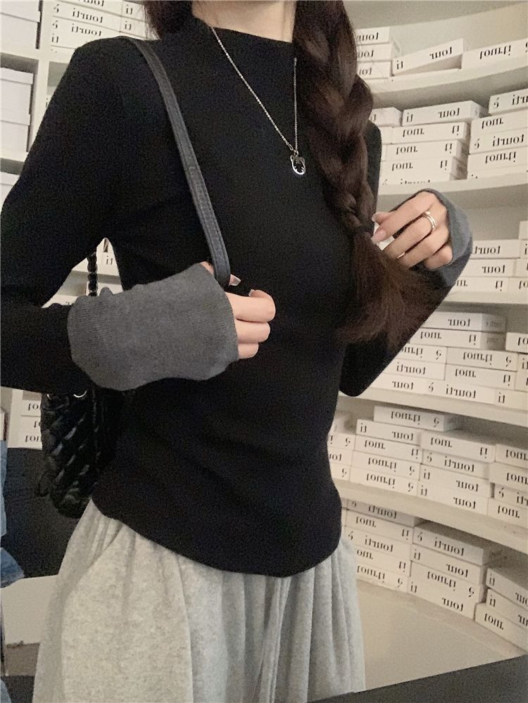 💕通勤百搭撞色長袖針織修身打底上衣