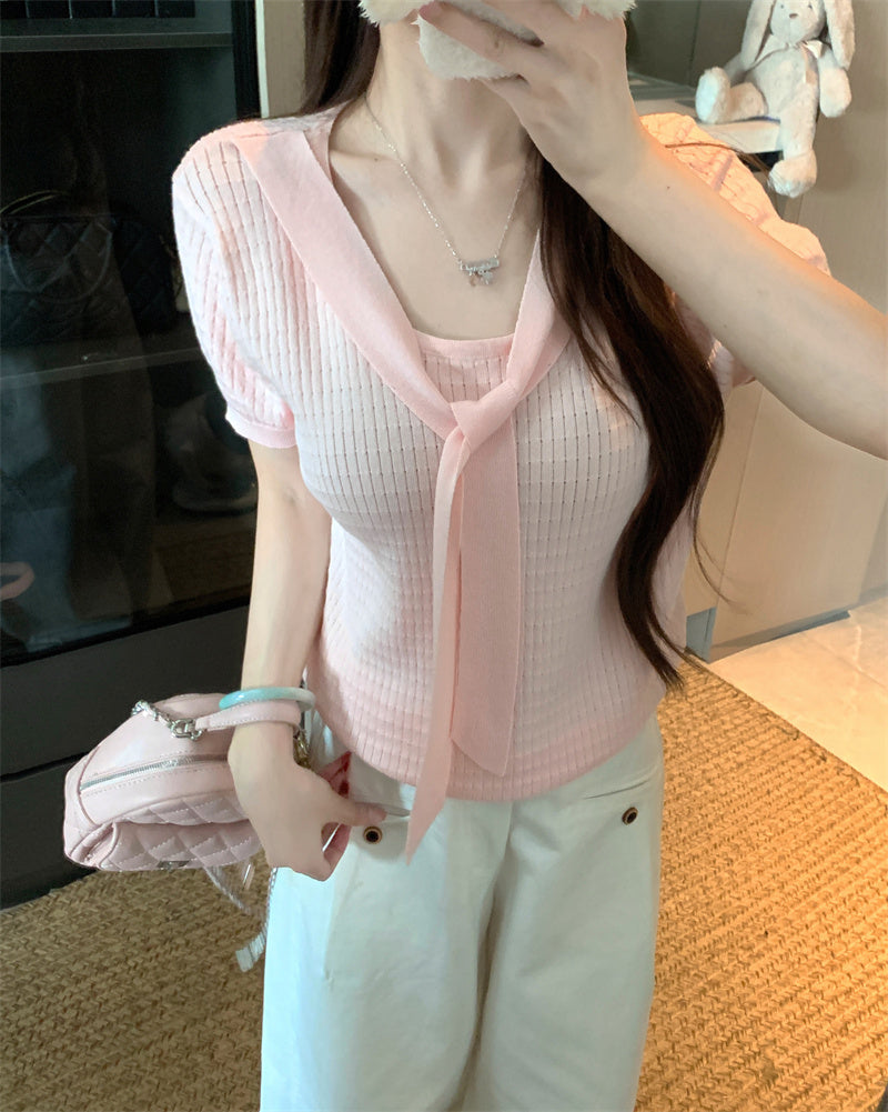 💕假兩件披肩針織海軍領修身上衣