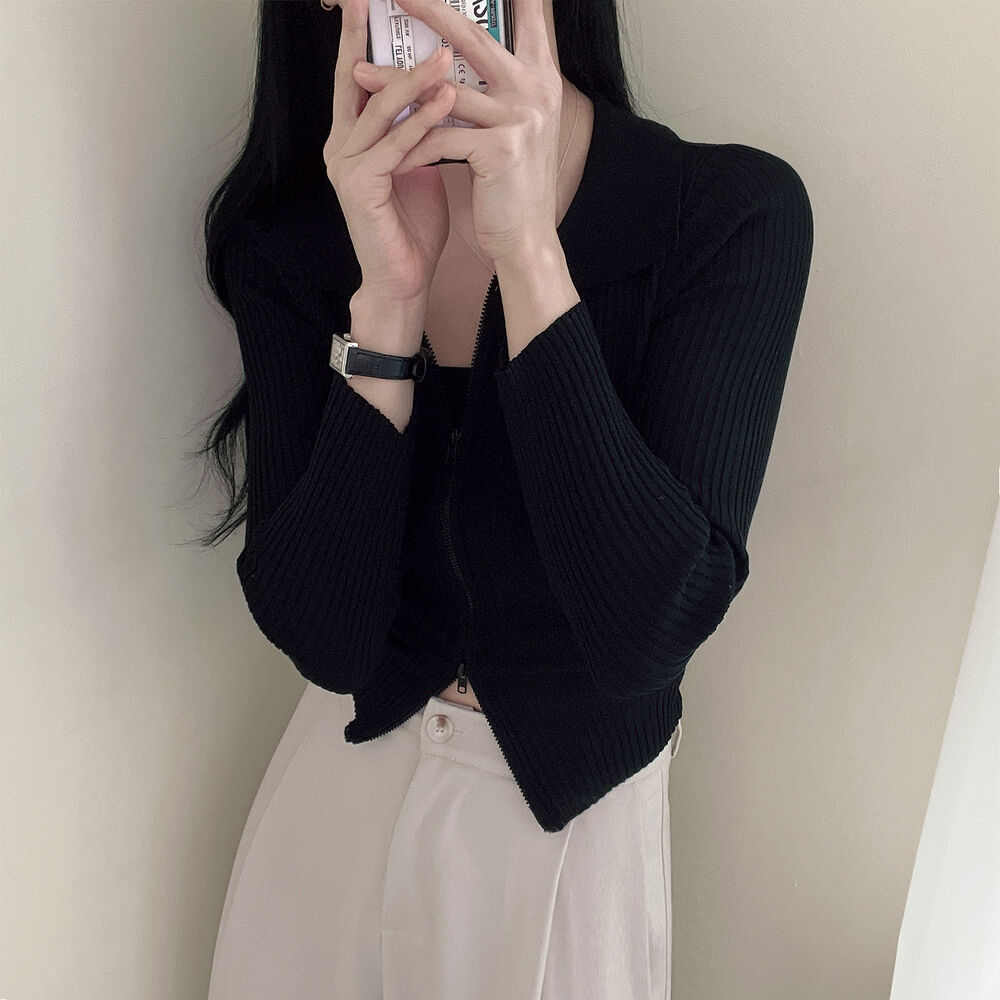 💕日系polo翻領雙拉鍊顯瘦長袖針織衫